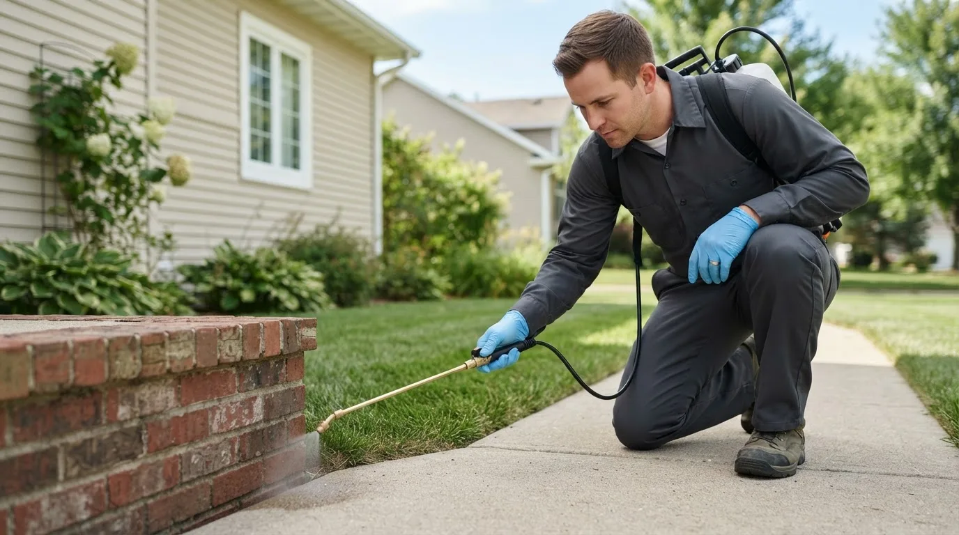 Pest control technician treating a home near Robesonia, PA
